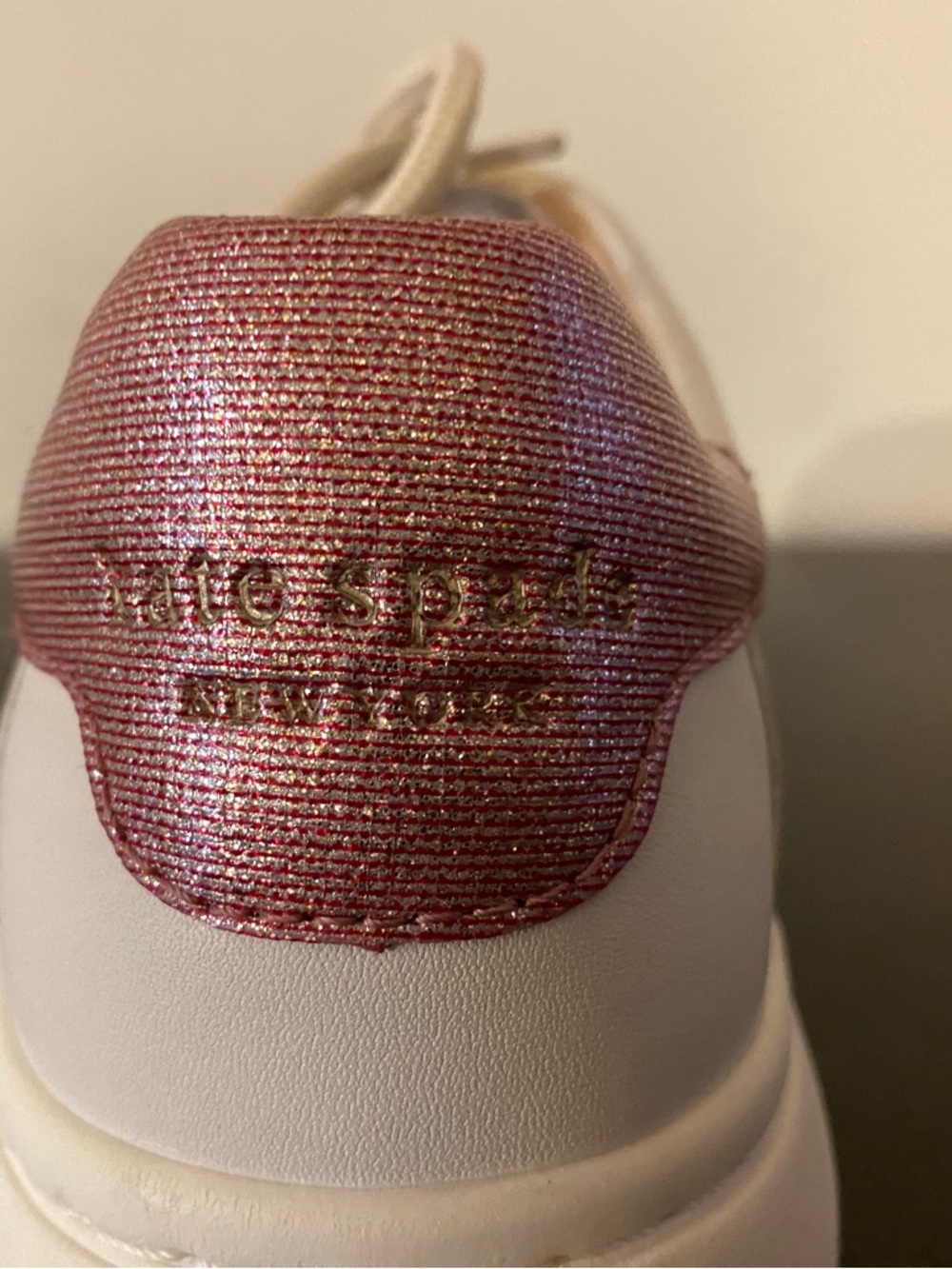 Kate Spade White Leather Sneakers with Pink & Burgundy Stripes - Picture 4 of 11